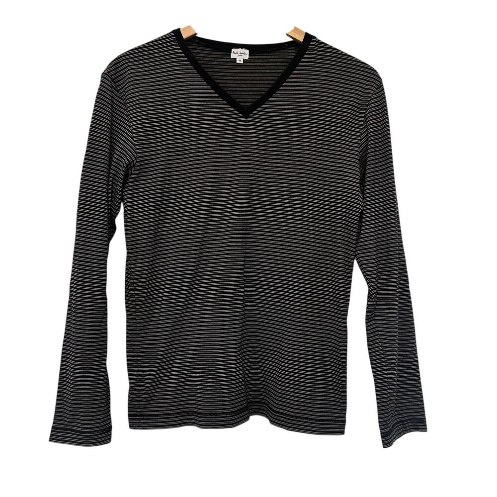 Paul Smith Black Gray Striped V Neck Long Sleeve Shirt Sz M